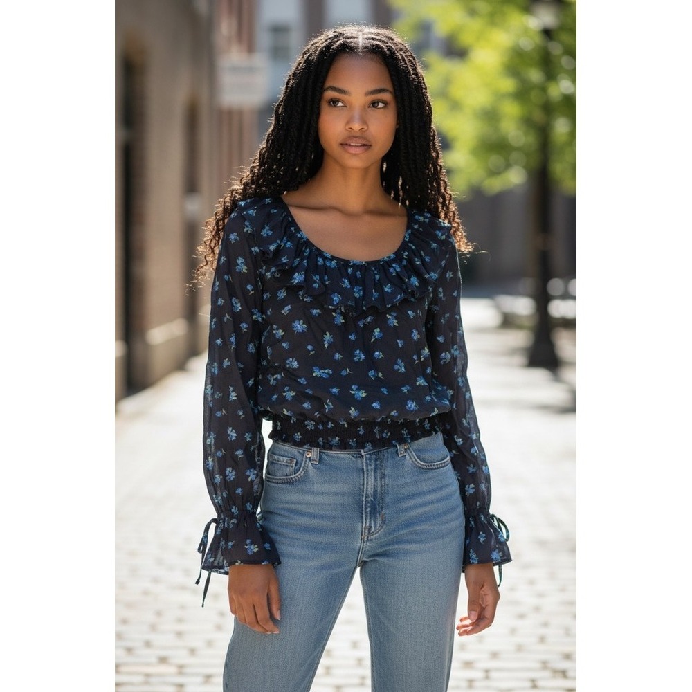 Revolve WeWoreWhat Blouse Women M Floral Ruffle Long Sleeve Top feminine crop